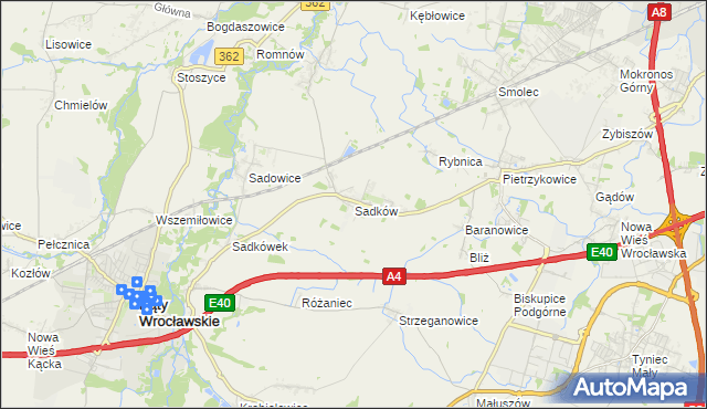 mapa Sadków gmina Kąty Wrocławskie, Sadków gmina Kąty Wrocławskie na mapie Targeo