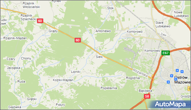 mapa Sielc gmina Ostrów Mazowiecka, Sielc gmina Ostrów Mazowiecka na mapie Targeo