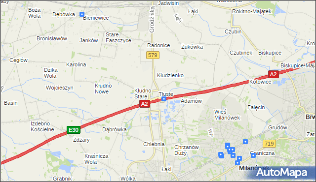mapa Tłuste gmina Grodzisk Mazowiecki, Tłuste gmina Grodzisk Mazowiecki na mapie Targeo