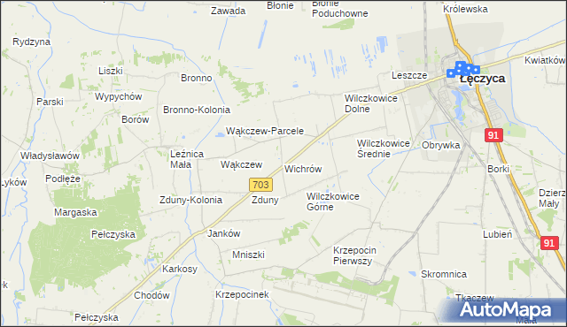 mapa Wichrów gmina Łęczyca, Wichrów gmina Łęczyca na mapie Targeo