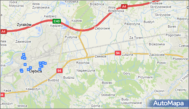 mapa Zawada gmina Dębica, Zawada gmina Dębica na mapie Targeo