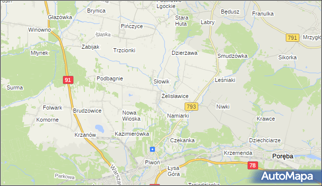 mapa Żelisławice gmina Siewierz, Żelisławice gmina Siewierz na mapie Targeo