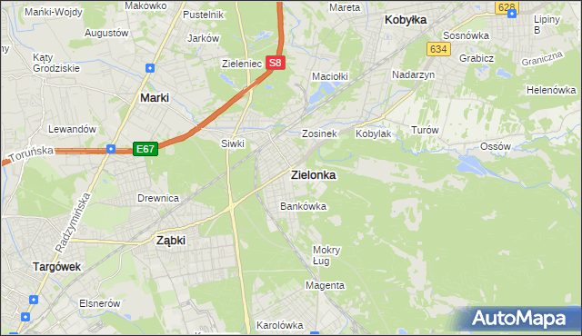 mapa Zielonka powiat wołomiński, Zielonka powiat wołomiński na mapie Targeo