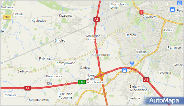 mapa Cesarzowice gmina Kąty Wrocławskie, Cesarzowice gmina Kąty Wrocławskie na mapie Targeo