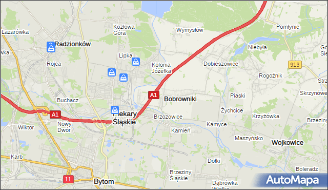 mapa Bobrowniki powiat będziński, Bobrowniki powiat będziński na mapie Targeo