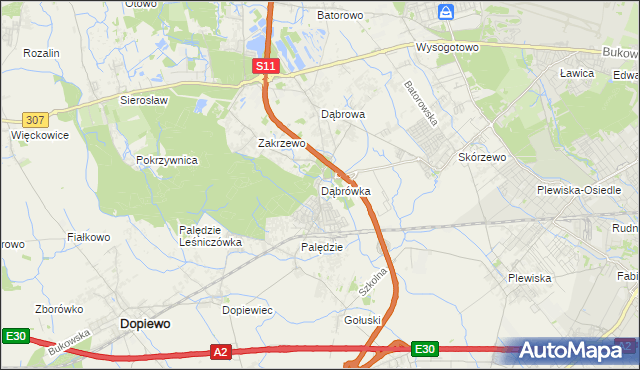 mapa Dąbrówka gmina Dopiewo, Dąbrówka gmina Dopiewo na mapie Targeo