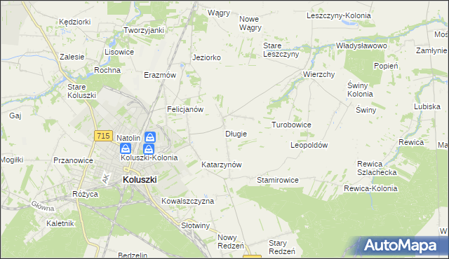 mapa Długie gmina Koluszki, Długie gmina Koluszki na mapie Targeo