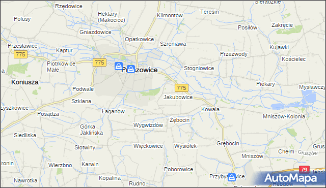 mapa Jakubowice gmina Proszowice, Jakubowice gmina Proszowice na mapie Targeo