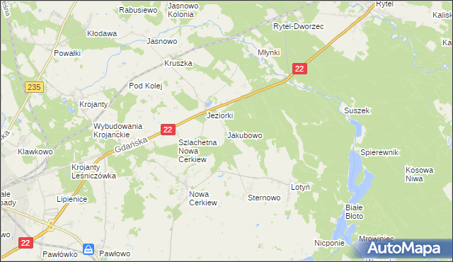 mapa Jakubowo gmina Chojnice, Jakubowo gmina Chojnice na mapie Targeo