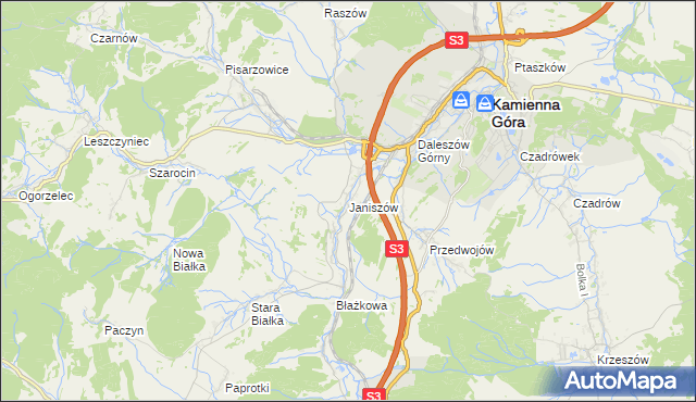 mapa Janiszów gmina Kamienna Góra, Janiszów gmina Kamienna Góra na mapie Targeo