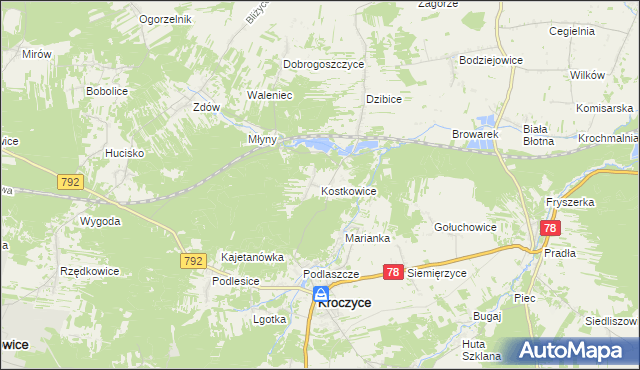 mapa Kostkowice gmina Kroczyce, Kostkowice gmina Kroczyce na mapie Targeo