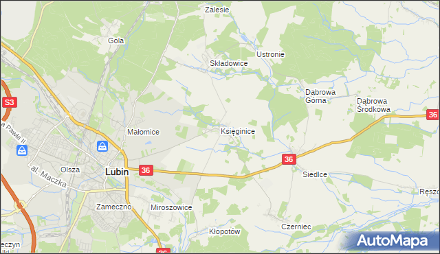 mapa Księginice gmina Lubin, Księginice gmina Lubin na mapie Targeo