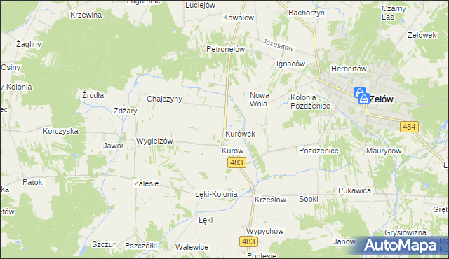 mapa Kurówek gmina Zelów, Kurówek gmina Zelów na mapie Targeo