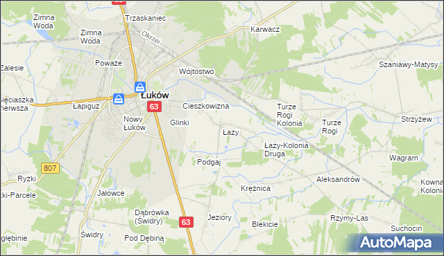 mapa Łazy gmina Łuków, Łazy gmina Łuków na mapie Targeo