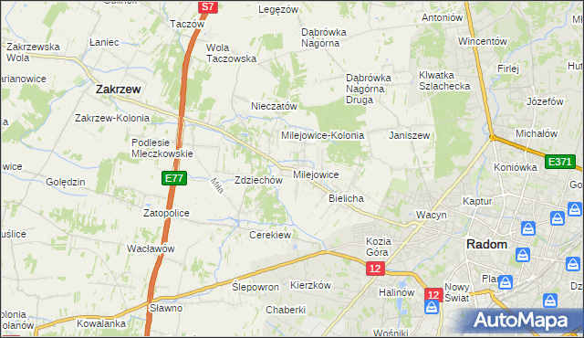 mapa Milejowice gmina Zakrzew, Milejowice gmina Zakrzew na mapie Targeo