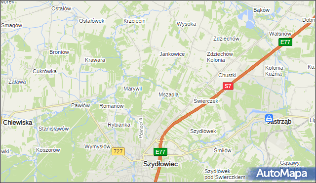 mapa Mszadla gmina Szydłowiec, Mszadla gmina Szydłowiec na mapie Targeo