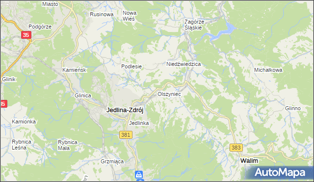 mapa Olszyniec gmina Walim, Olszyniec gmina Walim na mapie Targeo