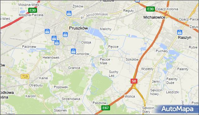 mapa Pęcice Małe, Pęcice Małe na mapie Targeo