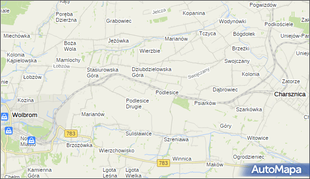 mapa Podlesice gmina Charsznica, Podlesice gmina Charsznica na mapie Targeo