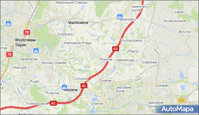 mapa Połomia gmina Mszana, Połomia gmina Mszana na mapie Targeo