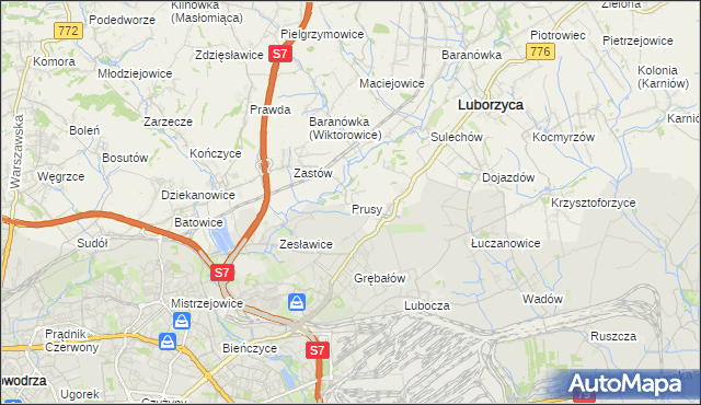 mapa Prusy gmina Kocmyrzów-Luborzyca, Prusy gmina Kocmyrzów-Luborzyca na mapie Targeo