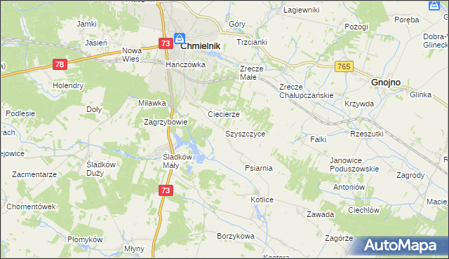 mapa Szyszczyce gmina Chmielnik, Szyszczyce gmina Chmielnik na mapie Targeo