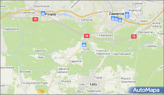 mapa Turza gmina Łazy, Turza gmina Łazy na mapie Targeo