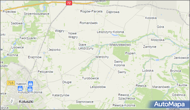 mapa Wierzchy gmina Koluszki, Wierzchy gmina Koluszki na mapie Targeo