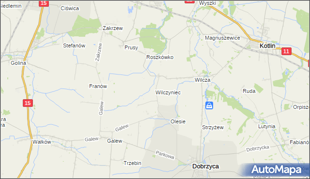 mapa Wilczyniec gmina Jarocin, Wilczyniec gmina Jarocin na mapie Targeo