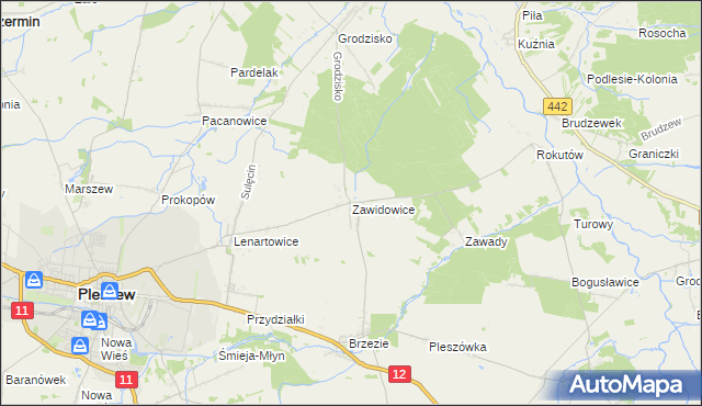 mapa Zawidowice gmina Pleszew, Zawidowice gmina Pleszew na mapie Targeo