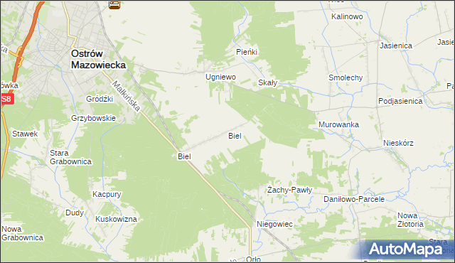 mapa Biel gmina Ostrów Mazowiecka, Biel gmina Ostrów Mazowiecka na mapie Targeo