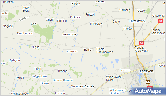mapa Błonie gmina Łęczyca, Błonie gmina Łęczyca na mapie Targeo