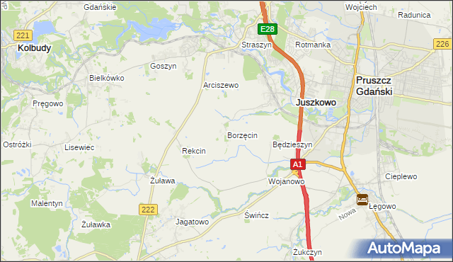 mapa Borzęcin gmina Pruszcz Gdański, Borzęcin gmina Pruszcz Gdański na mapie Targeo