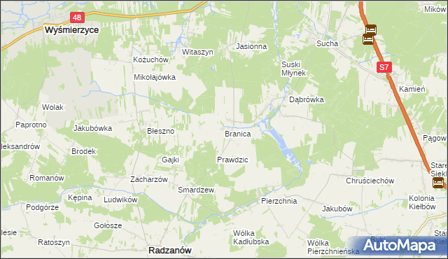 mapa Branica gmina Radzanów, Branica gmina Radzanów na mapie Targeo