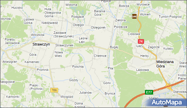 mapa Chełmce gmina Strawczyn, Chełmce gmina Strawczyn na mapie Targeo