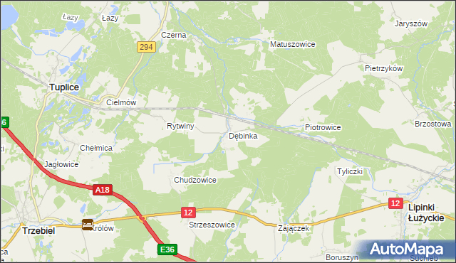 mapa Dębinka gmina Trzebiel, Dębinka gmina Trzebiel na mapie Targeo