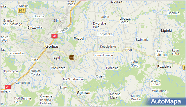 mapa Dominikowice gmina Gorlice, Dominikowice gmina Gorlice na mapie Targeo