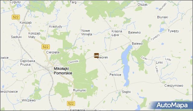 mapa Dworek gmina Mikołajki Pomorskie, Dworek gmina Mikołajki Pomorskie na mapie Targeo