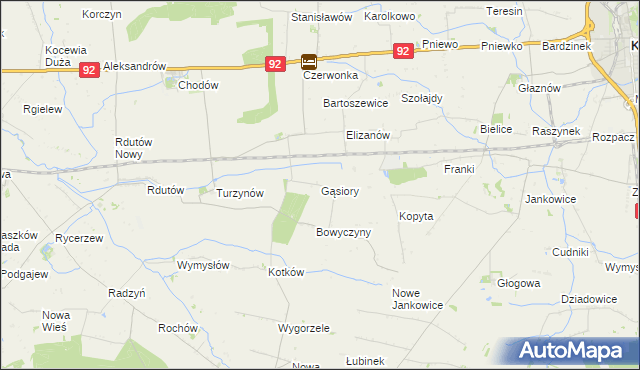 mapa Gąsiory gmina Chodów, Gąsiory gmina Chodów na mapie Targeo