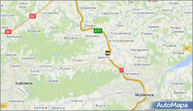 mapa Jawornik gmina Myślenice, Jawornik gmina Myślenice na mapie Targeo