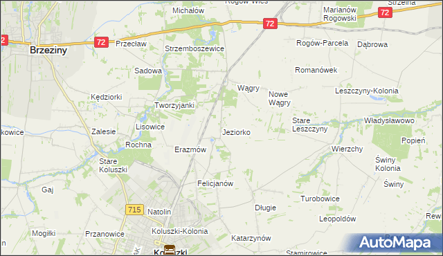 mapa Jeziorko gmina Koluszki, Jeziorko gmina Koluszki na mapie Targeo