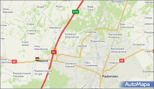 mapa Józefów gmina Ładzice, Józefów gmina Ładzice na mapie Targeo