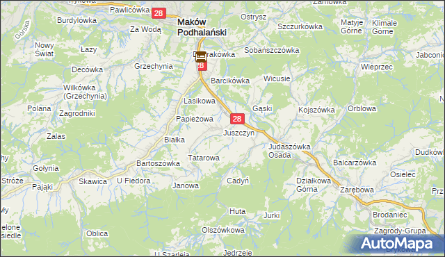 mapa Juszczyn gmina Maków Podhalański, Juszczyn gmina Maków Podhalański na mapie Targeo