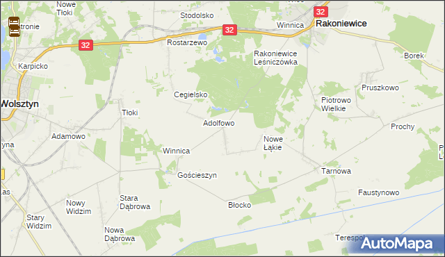 mapa Łąkie gmina Rakoniewice, Łąkie gmina Rakoniewice na mapie Targeo