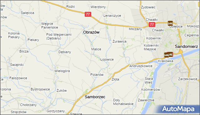 mapa Łojowice gmina Samborzec, Łojowice gmina Samborzec na mapie Targeo