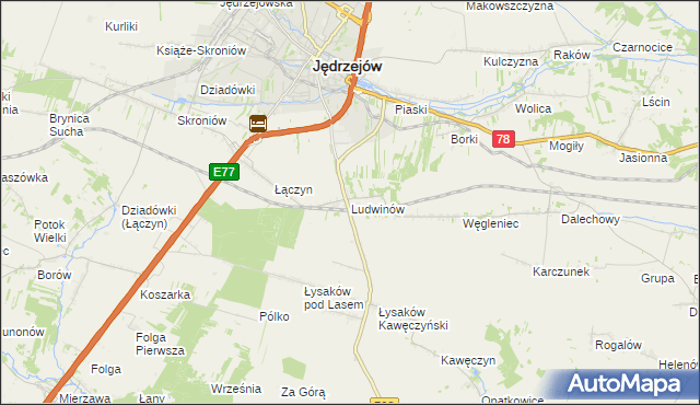 mapa Ludwinów gmina Jędrzejów, Ludwinów gmina Jędrzejów na mapie Targeo