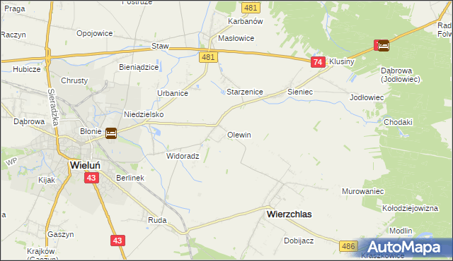 mapa Olewin gmina Wieluń, Olewin gmina Wieluń na mapie Targeo