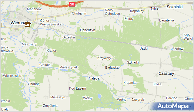 mapa Przywory gmina Czastary, Przywory gmina Czastary na mapie Targeo