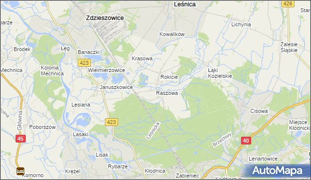 mapa Raszowa gmina Leśnica, Raszowa gmina Leśnica na mapie Targeo