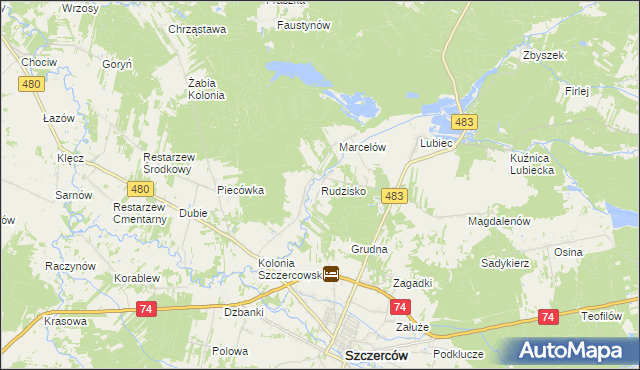 mapa Rudzisko gmina Szczerców, Rudzisko gmina Szczerców na mapie Targeo